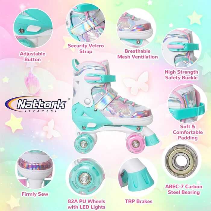 Дитячі ролики Nattork для дівчаток та хлопчиків, регульовані, 4 розміри, ролики на 4 колесах з малюнком метеликів та квітів, подарунок на день народження для занять спортом в приміщенні та на вулиці, розмір M (EU 32-36), Petrol