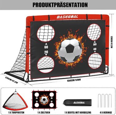 Дитячі футбольні ворота Klappbares Fußballtor 150x120 см з мішенню, 2-в-1 для саду та пляжу, з сумкою та анкерами