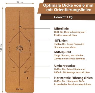 DH FitLife Йога-мат з корку та TPE 183x61x0,6 см, нековзкий, з орієнтаційними лініями, для фітнесу та гімнастики, малий лотос