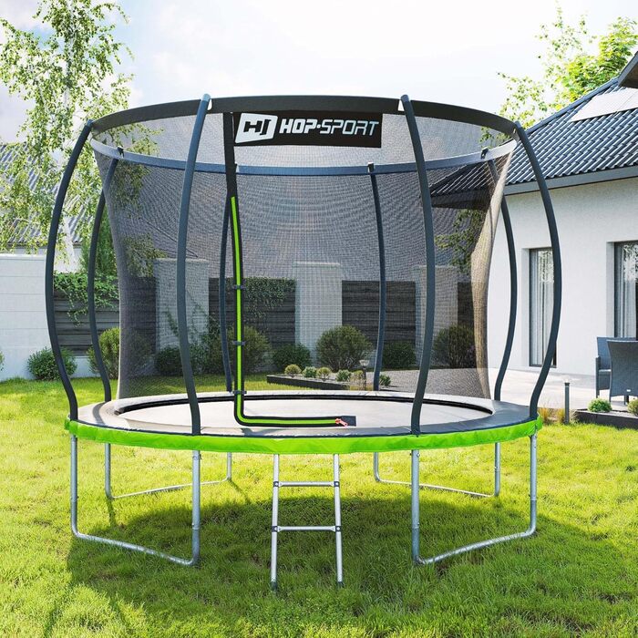 Трамплін Hop-Sport Outdoor - діаметр 244/305/366/427/488 см. З безпечним внутрішнім сіткою, вигнутими стійками та сертифікатами безпеки. Комплект з драбиною та захисним бордюром (305 см)