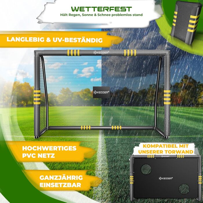 Ворота для футболу KESSER® для саду: міцні, для тренувань на вулиці, з UV-стійкою сіткою, сталевий каркас з покриттям, земляні кілки, насос, фішки, аксесуари для монтажу (240см, антрацит)