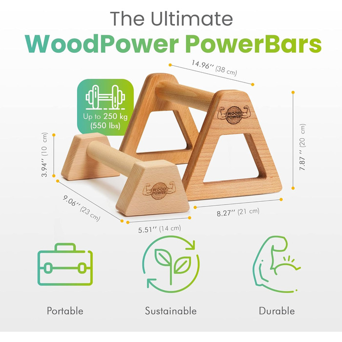 Дерев'яні бруси WOODPOWER PowerBars для віджимань, йоги та каллістеніки, нековзкі, для приміщення і вулиці, захист суглобів, комплект XS+XL