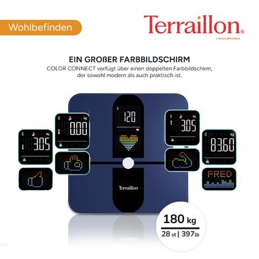 TERRAILLON COLOR CONNECT - Розумна вага з Bluetooth, вимірювання серцевого ритму, маси тіла: жир, м'язове, кісткове, BMI, ємність 180 кг, шкала 50 г, мультидисплей, колір блакитний