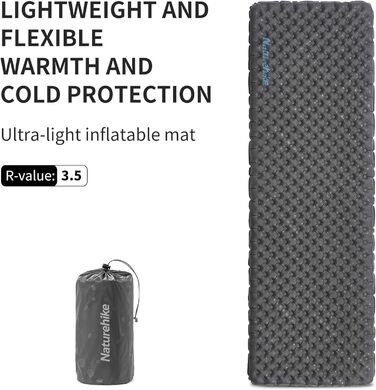 Каремат Naturehike 3.5R для кемпінгу, самонадувний, зимовий (-6°C), чорний, прямокутний (L)