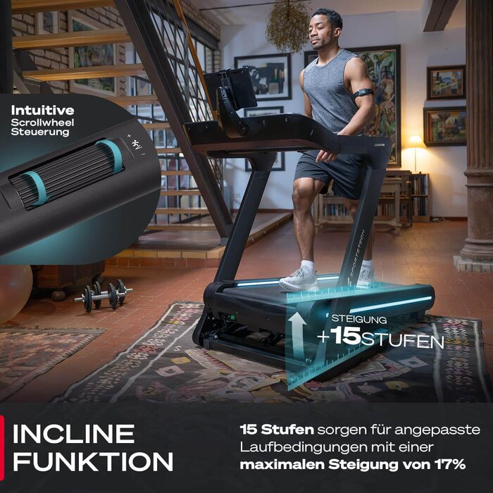 Бігова доріжка Sportstech sTread Pro/Lite – складаний, до 20 км/год, кут нахилу 15-17%, вантажопідйомність 150 кг, LED-дисплей, сумісність з додатком, тихий 7PS двигун, велика площа для бігу, німецька якісна марка sTread Lite