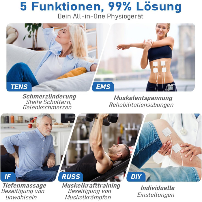 TENS пристрій для терапії болю, 5-в-1: TENS/EMS/IF/RUSS/DIY, для зняття болю, 80 програм масажу, 2 канали, 8 електродів, білий