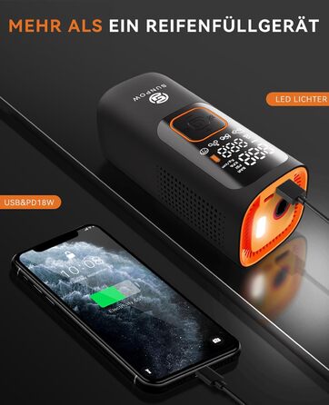 Електричний портативний компресор SUNPOW 7500mAh, 160 PSI для авто, велосипедів, з LCD дисплеєм, LED підсвіткою, Powerbank, 12V DC, автоматичне вимкнення