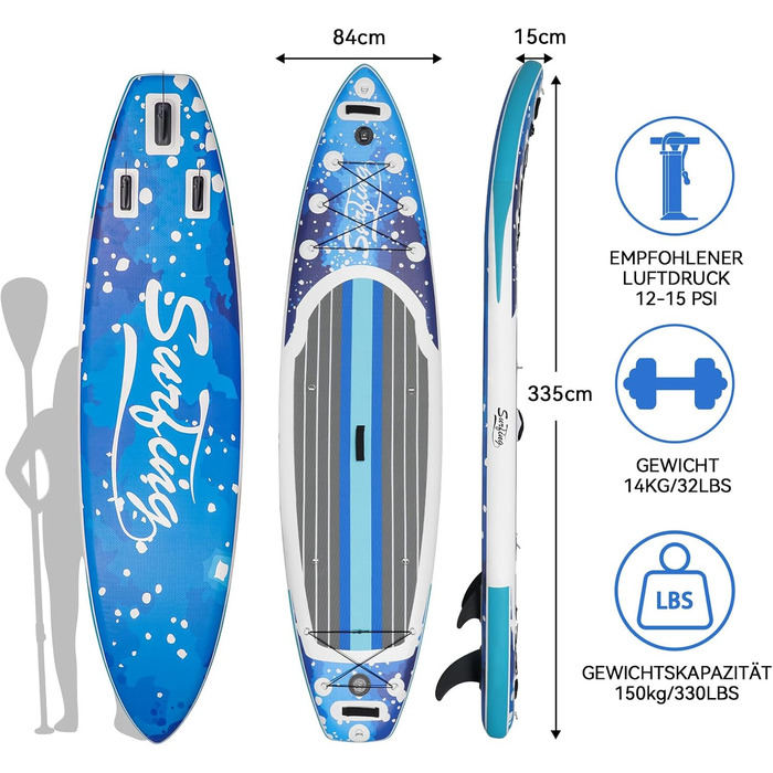 Надувна SUP-дошка ZealWe 320/335 см з веслом, сидінням, рюкзаком і насосом, для серфінгу та веслування стоячи, до 150 кг