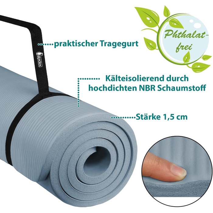 Йога мат ALPIDEX Extra Dick 1,5 см: Антиковзка фітнес килимок для йоги, пілатесу, гімнастики, HIIT, фітнесу, спорту та фізіотерапії (190 x 80 x 1.5 см, Ice Blue)