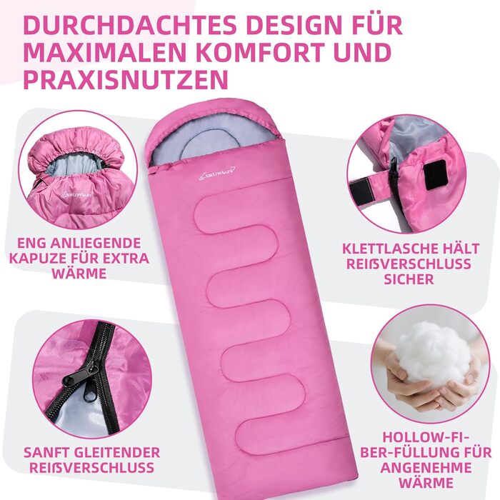 Спальний мішок Clostnature для кемпінгу та подорожей: легкий, компактний, 3 сезони (рожевий, 0.9 кг)