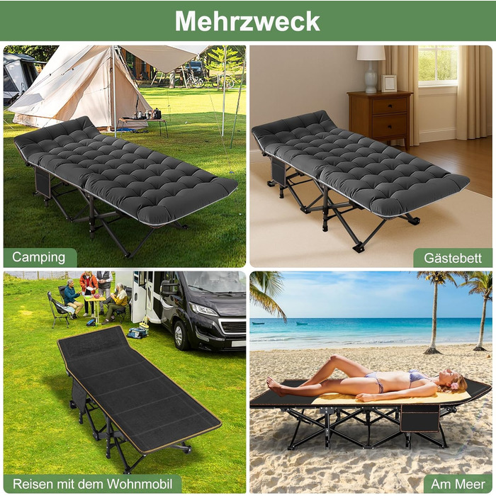 Велике розкладне ліжко з матрацом – 198x81x46 см, 400 кг, сталевий каркас, оксфордська тканина, для дорослих, сад, подорожі (XXL Чорний)