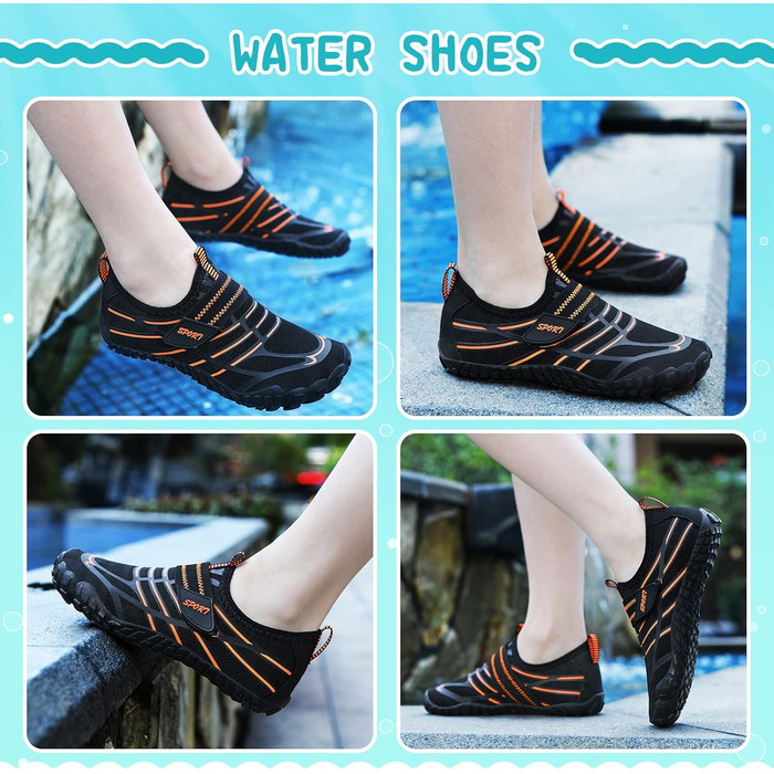 Дитячі шльопанці Hanani для плавання та відпочинку на пляжі: легкі, швидковисихаючі, чорно-помаранчеві (33 EU)