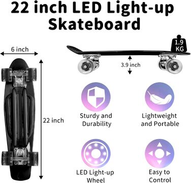 Скейтборд BELEEV 22 дюйми Mini Cruiser з LED колесами та T-інструментом для початківців (Чорний)