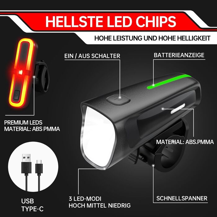 LED велосипедне освітлення: комплект 100 Lux, сертифікований StVZO, USB зарядка, водонепроникність IPX5, переднє та заднє світло з функцією гальмування