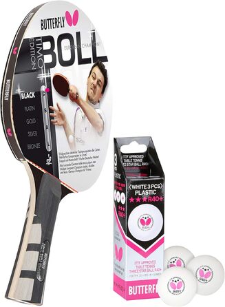 Професійна ракетка для настільного тенісу Butterfly Timo Boll Black 85030 з ITTF сертифікованою накладкою Wakaba, анатомічною ручкою та 3 м'ячами