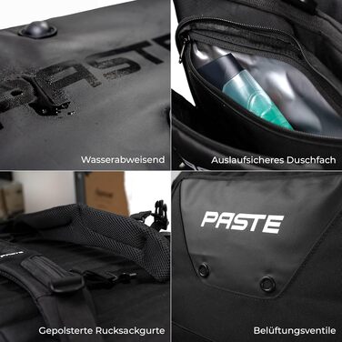 Спортивна сумка PASTE® Premium 68L чорна: рюкзак для тренувань з відділенням для взуття, вологостійкою кишенею та функцією охолодження, унісекс XL