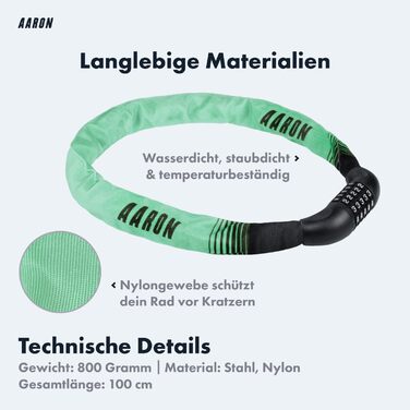 Замок для велосипеда AARON Lock One: сталевий ланцюговий замок з 5-значним кодом, високий рівень захисту, підходить для E-bike, MTB, Trekking, Tour та шосейних велосипедів (М'ятний)