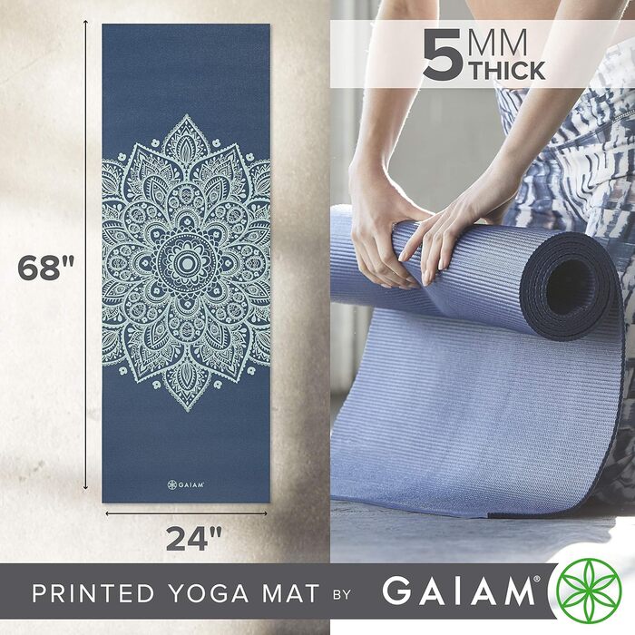 Килимок для йоги Gaiam Premium 5 мм - антиковзаюча тренувальна фітнес-мат для йоги, пілатесу та тренувань на підлозі (172,7 x 61 x 5 мм) - Колір: Indigo