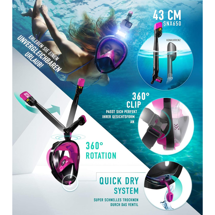 Спортивна CO2-безпечна повнолицева маска для снорклінгу Sportstech SNX650 360° з LED, тримачем для камери, Quick-Clip, EasyBreath, для дітей і дорослих, рожева