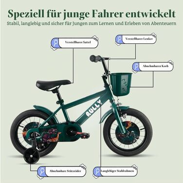 Дитячий велосипед RULLY «Динозавр» для хлопчиків 2-7 років, BMX-стиль, з додатковими опорними колесами, 12/14/16 дюймів, Зелений