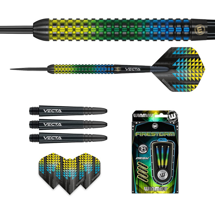 Дротики WINMAU Firestorm Steeltip 21 г, вольфрамові, комплект з оперенням і стрижнями, професійні