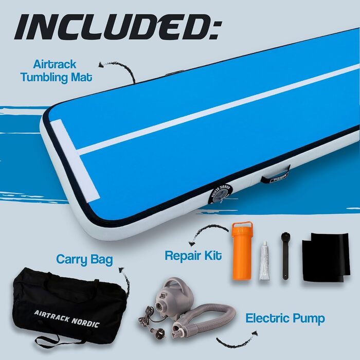 Гімнастичний надувний мат для гімнастики та йоги AirTrack Nordic Home Special Edition (3м/4м/5м/6м/7м/8м) з насосом, блакитний