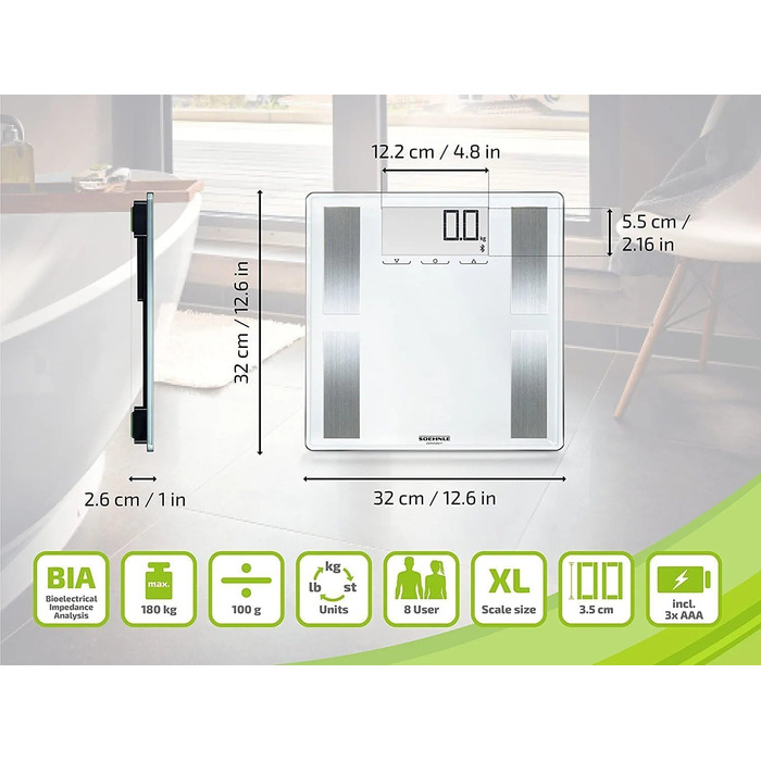 Ваги для аналізу складу тіла Soehnle Shape Sense Connect 100 з Bluetooth, персональні ваги з додатком, BIA-аналіз, великий LCD-дисплей
