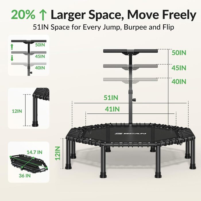 Трамплін для дому BCAN Fitness, діаметр 102/122/130 см, пружинний/з еластичними тросами, для дорослих до 250 кг, з регульованими ручками, тихий та з низькою вібрацією, зелений 102 см