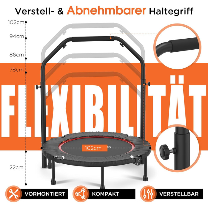 Трамплін для фітнесу DH FitLife складний, Ø102 см, 150 кг, 4 рівня регулювання ручки, стабільний та тихий для дітей та дорослих