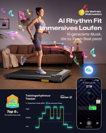 UREVO Smart Walking Pad - компактне тихе бігове полотно з амортизацією, фітнес-додаток, для дому/офісу, 2.5 PS, чорний [107T x 49B]