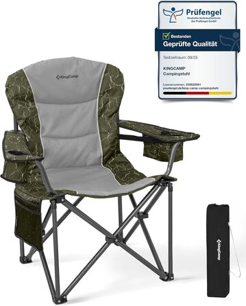 Крісло для кемпінгу KingCamp XXL, розкладне, до 205 кг, чорне. З регульованою спинкою, підсклянником та кишенею для напоїв. Ідеальне для риболовлі та відпочинку на природі.