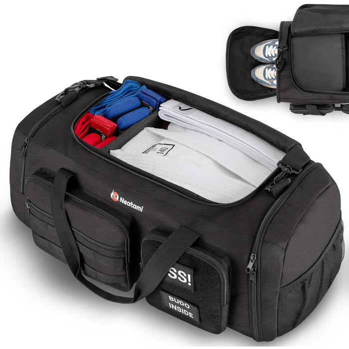 Спортивна сумка для бойових мистецтв 50L чорна для дзюдо, джиу-джитсу, карате з окремими відділеннями та відділенням для взуття