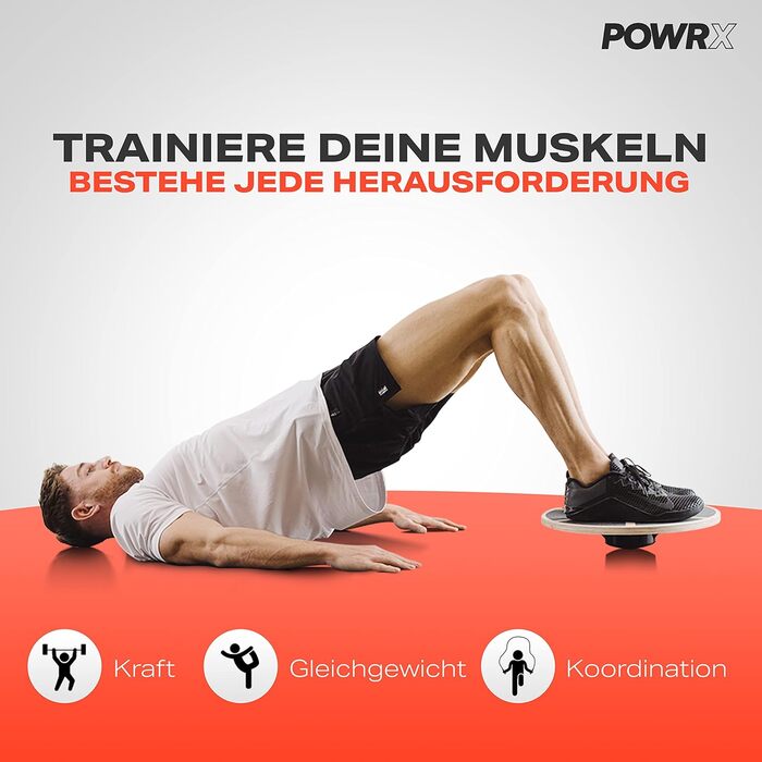 Дерев'яна баланс-дошка POWRX - тренажер для рівноваги | Фізіотерапевтичний обертовий тренажер з комплектом вправ, Wackelbrett для дорослих та дітей