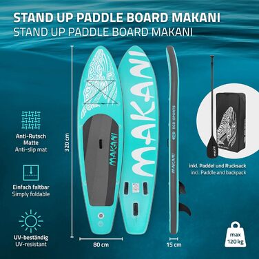 Надувна SUP-дошка ECD Germany Makani 305–380 см, PVC, до 150 кг, товщина 10/15 см, з сидінням для каяка, комплект сумка, весло, зелена