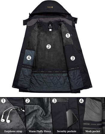 Чоловіча тепла куртка GEMYSE для катання на лижах, вітронепроникна, водонепроникна, дихаюча, з багатьма кишенями, для активного відпочинку на природі, зимова куртка з капюшоном, чорна, 3XL