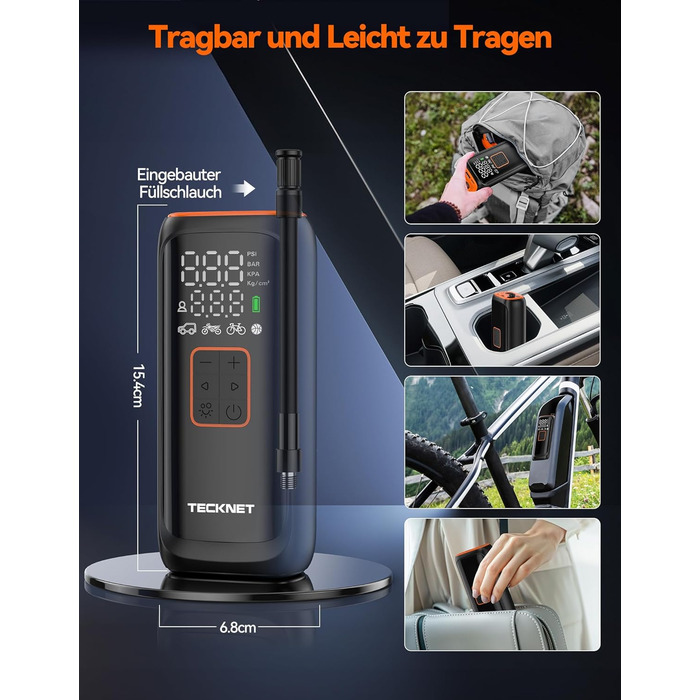 TECKNET електричний компресор 6000mAh, насос 150 PSI для авто, велосипедів, мотоциклів, м'ячів, з манометром, павербанком та ліхтариком
