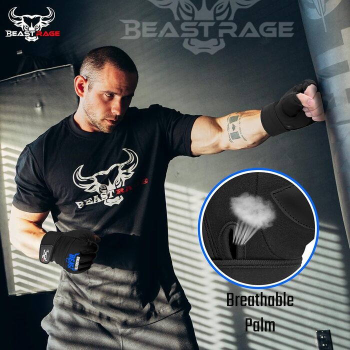 Боксерські рукавички BEAST RAGE для кікбоксингу, карате, тхеквондо. Напівпальцеві рукавички для чоловіків та жінок (XXL, чорний/синій)