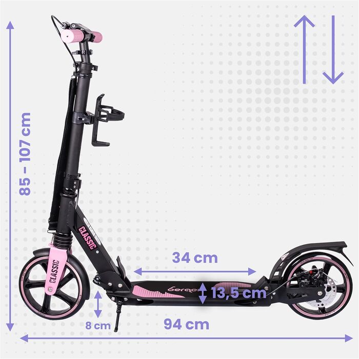 Самокат міський Bergen City Scooter Classic складаний - 200 мм колеса, дискове та ножне гальмо, 2 амортизатори, алюмінієвий, регульована висота, для дітей від 6 років та дорослих до 100 кг (Рожевий)