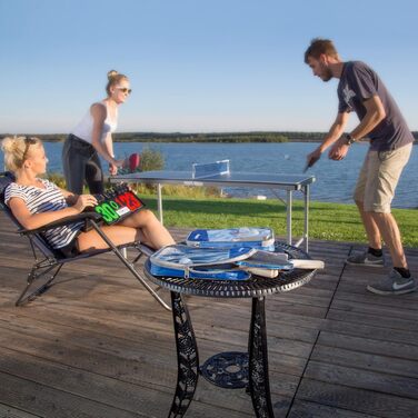 Набір для настільного тенісу Relaxdays: 4 сумки, 8 дерев'яних ракеток, 12 м'ячів, 4 сітки 150 см, аксесуари для пінг-понгу, синій