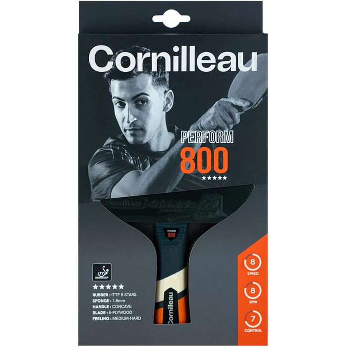 Ракетка для настільного тенісу CORNILLEAU Perform 800 Indoor — професійна, ITTF-накладки (5 зірок), технології AERO та OFC для максимального спіну, 5-шаровий дерев'яний лист