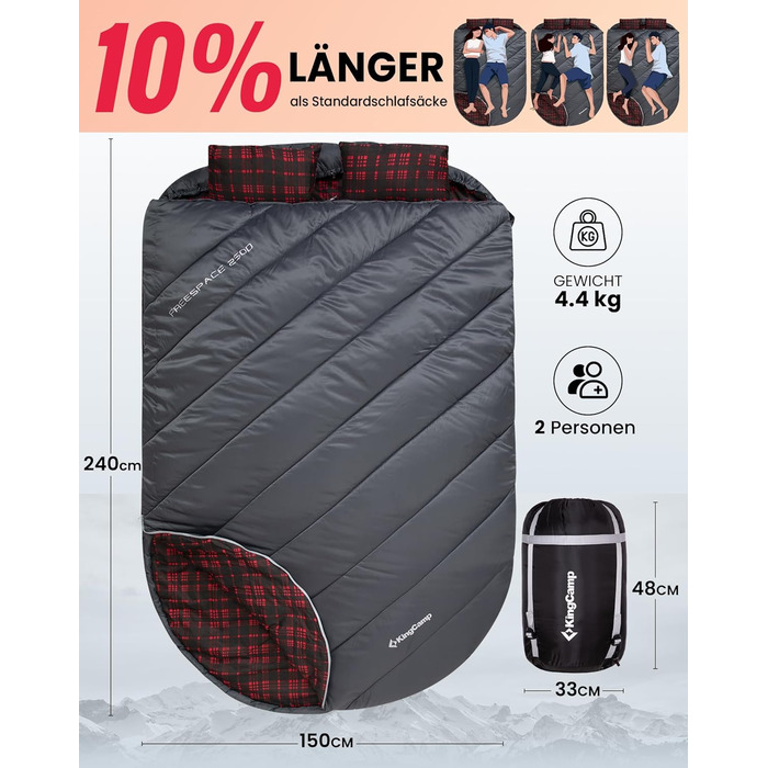 Сплячий мішок KingCamp для 2 осіб з фланелі, зимовий, 3-4 сезони, з подушками, для кемпінгу та відпочинку на природі (сірий)