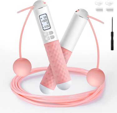 Стрибкове канат iMoebel з лічильником, регульований, швидкозмінний, сталевий трос, антиковзні ручки, підрахунок калорій, таймер для фітнесу, боксу, схуднення, кросфіту, рожево-білий