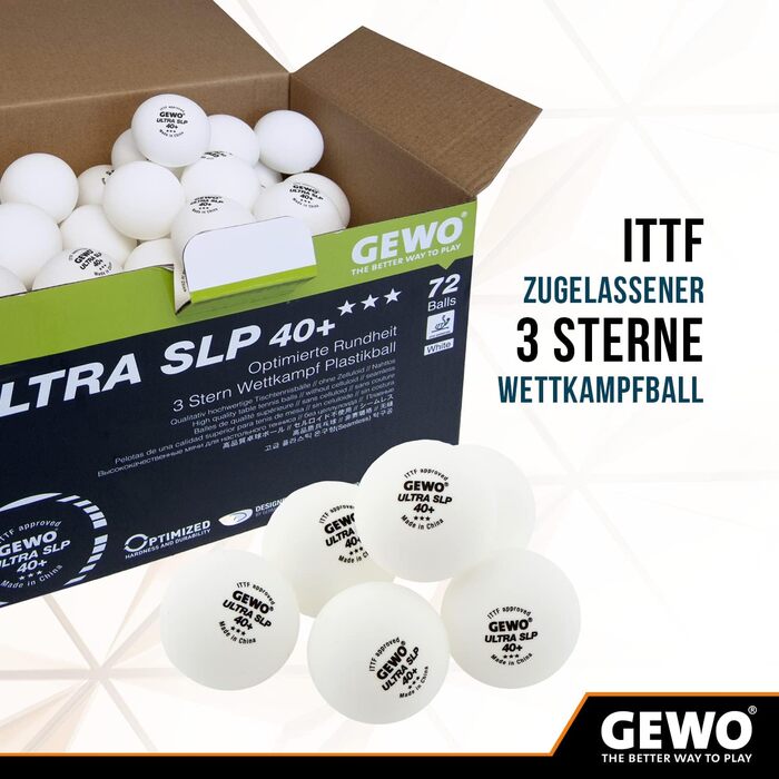 GEWO Ultra SLP 3-зіркові тенісні м’ячі для настільного тенісу, пластикові 40+ мм, безшовні, ITTF сертифікат, професійні, білі, 72 шт.