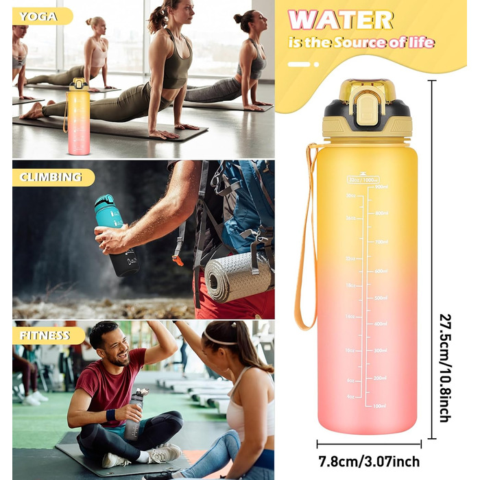 Фляга для води CodiCile 1л зі трубочкою, спортивна, з міткою часу, для миття, нетоксична, для бігу, велосипеда, спортзалу, школи, офісу