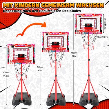 Дитячий баскетбольний кошик, регульована висота 105-183 см, з м'ячем та табло, для хлопчиків та дівчаток