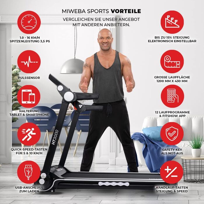 Електрична бігова доріжка Miweba Sports HT3000, 3,5 к.с., 16 км/год, нахил до 15%, навантаження 120 кг, з додатком, складана, велика бігова поверхня, 12 програм, для дому
