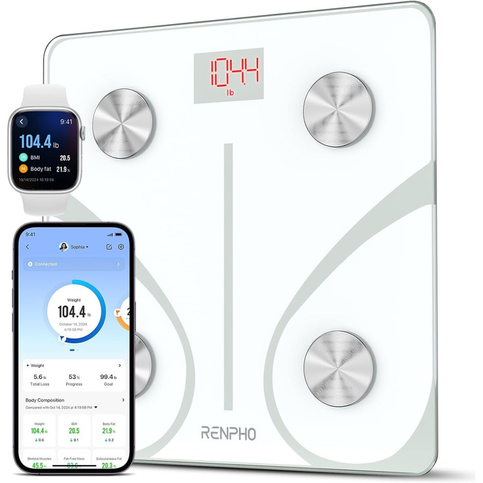 Вага RENPHO з Bluetooth для аналізу складу тіла: жир, BMI, м'язи, білок, BMR. Цифрова вага з додатком для моніторингу здоров'я. Біла, 280 мм