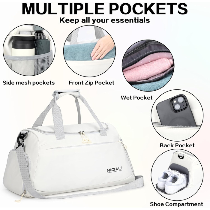 Спортивна сумка-рюкзак для подорожей: велика, водонепроникна, з відділенням для взуття та мокрих речей, для жінок та чоловіків, перловий білий