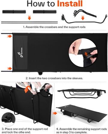 Розкладне ліжко Sportneer для кемпінгу та відпочинку на природі: легке, компактне, алюмінієве (190x70 см)