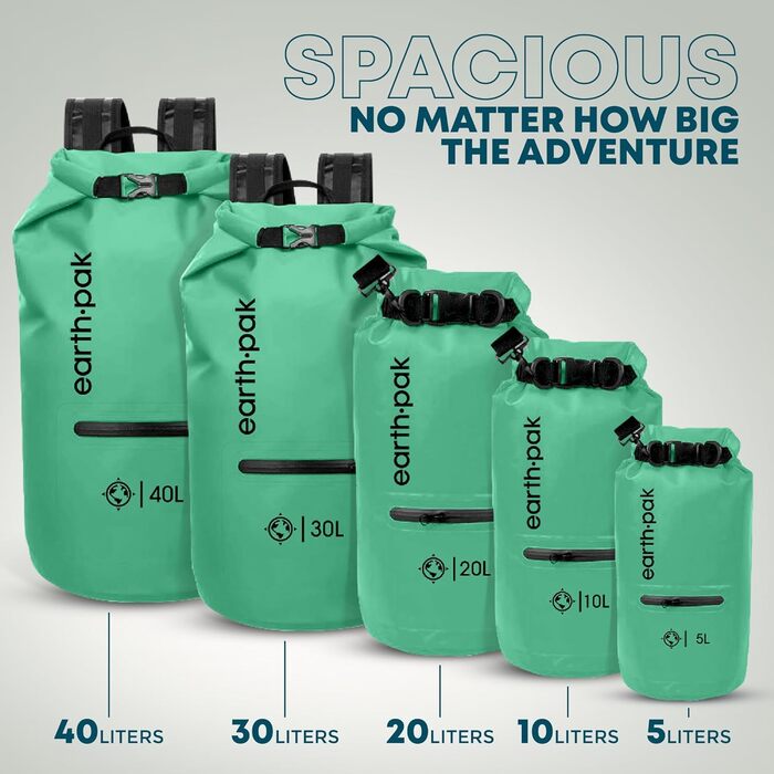 Earth Pak Dry Bag 40L – Водонепроникний рюкзак-мішок з водонепроникним відділенням для телефону, плечовим ременем. Ідеально для каякінгу, кемпінгу, риболовлі, катання на човні та рафтингу. Колір: Оливковий (Морський піногранування)